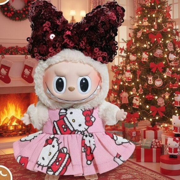 Holiday Christmas Hello Kitty Handmade Dress and Sequin Bow Outfit to fit Labubu - Picture 7 of 7